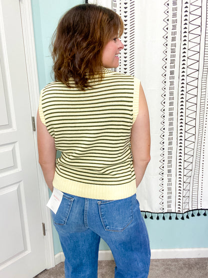 Vivian Olive Stripe Knit Collared Sleeveless Sweater Vest