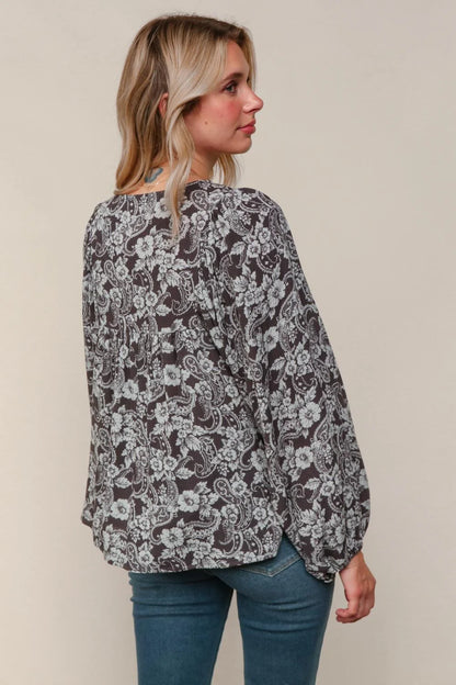 Night Flower V Neck Peasant Blouse with Front Tie