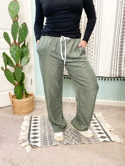 Cora Olive Chambray High Rise Wide Leg Pants