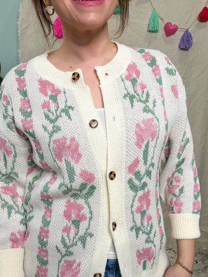 Emilie Floral & Vine Jacquard Knit Cardigan Sweater