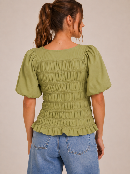 Going Places 100% Cotton Smocked Puff Sleeve Blouse
