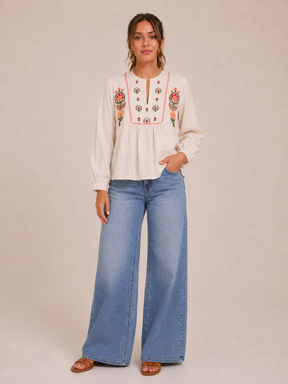 Marrakesh 100% Cotton Embroidered Floral Bohemian Blouse