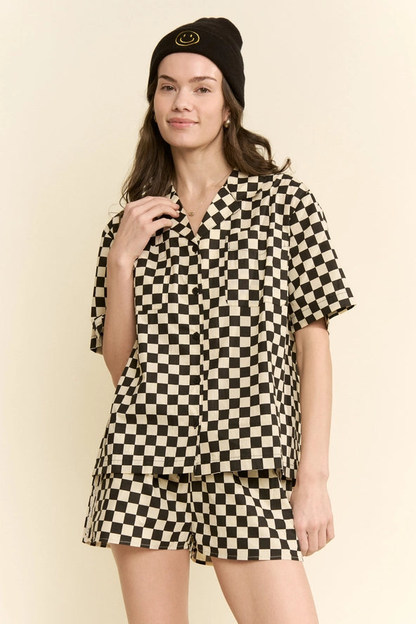 Final Lap 100% Cotton Checkerboard Camp Collar Button Up Shirt