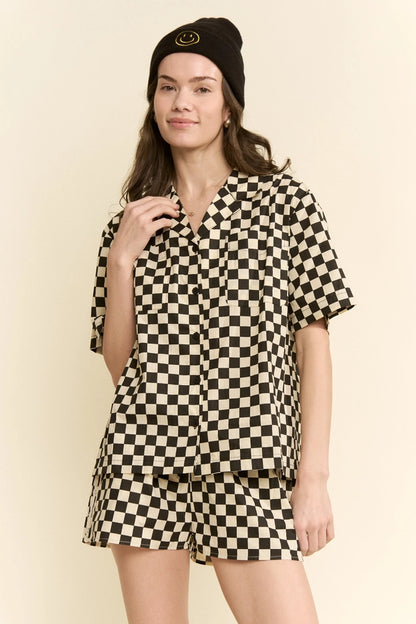 Final Lap 100% Cotton Checkerboard Camp Collar Button Up Shirt