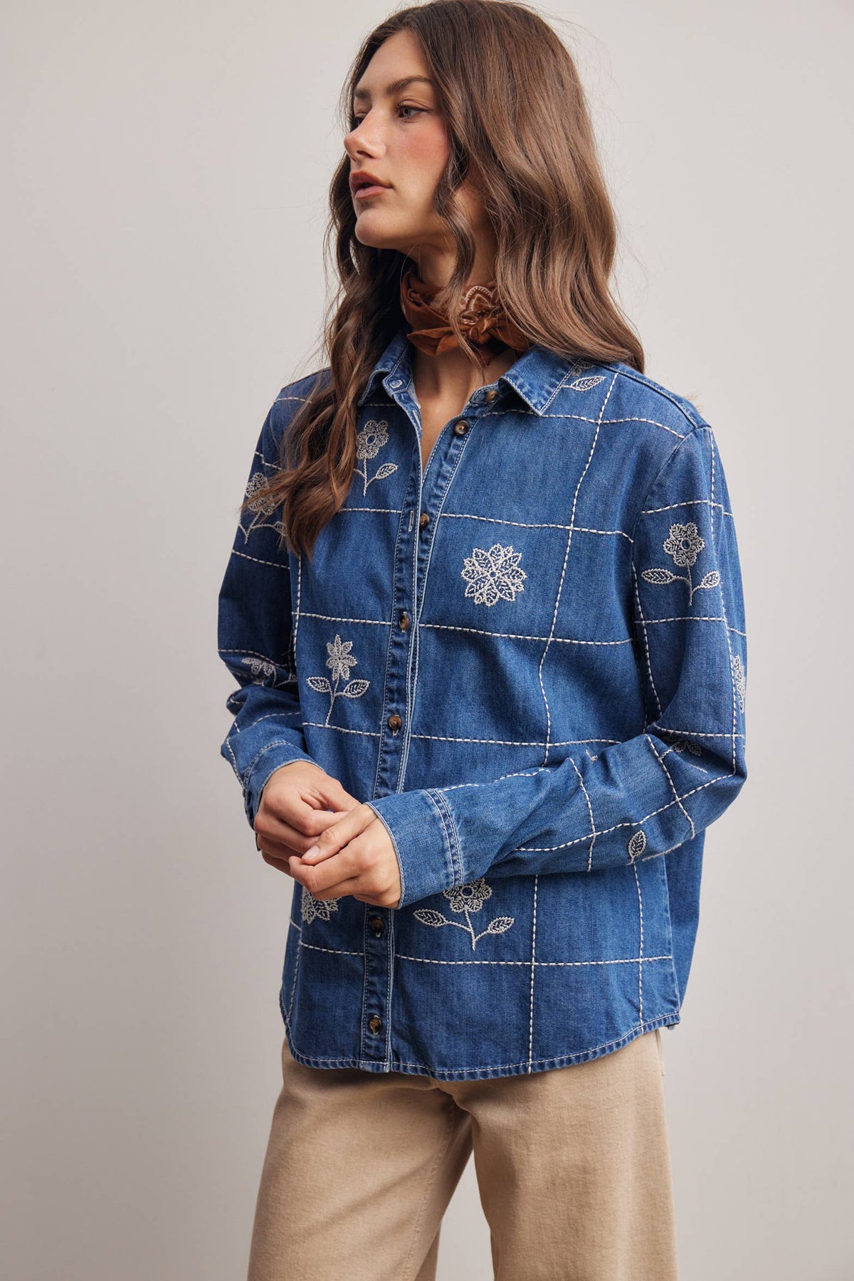 Wildflower 100% Cotton Stitched Denim Button Down