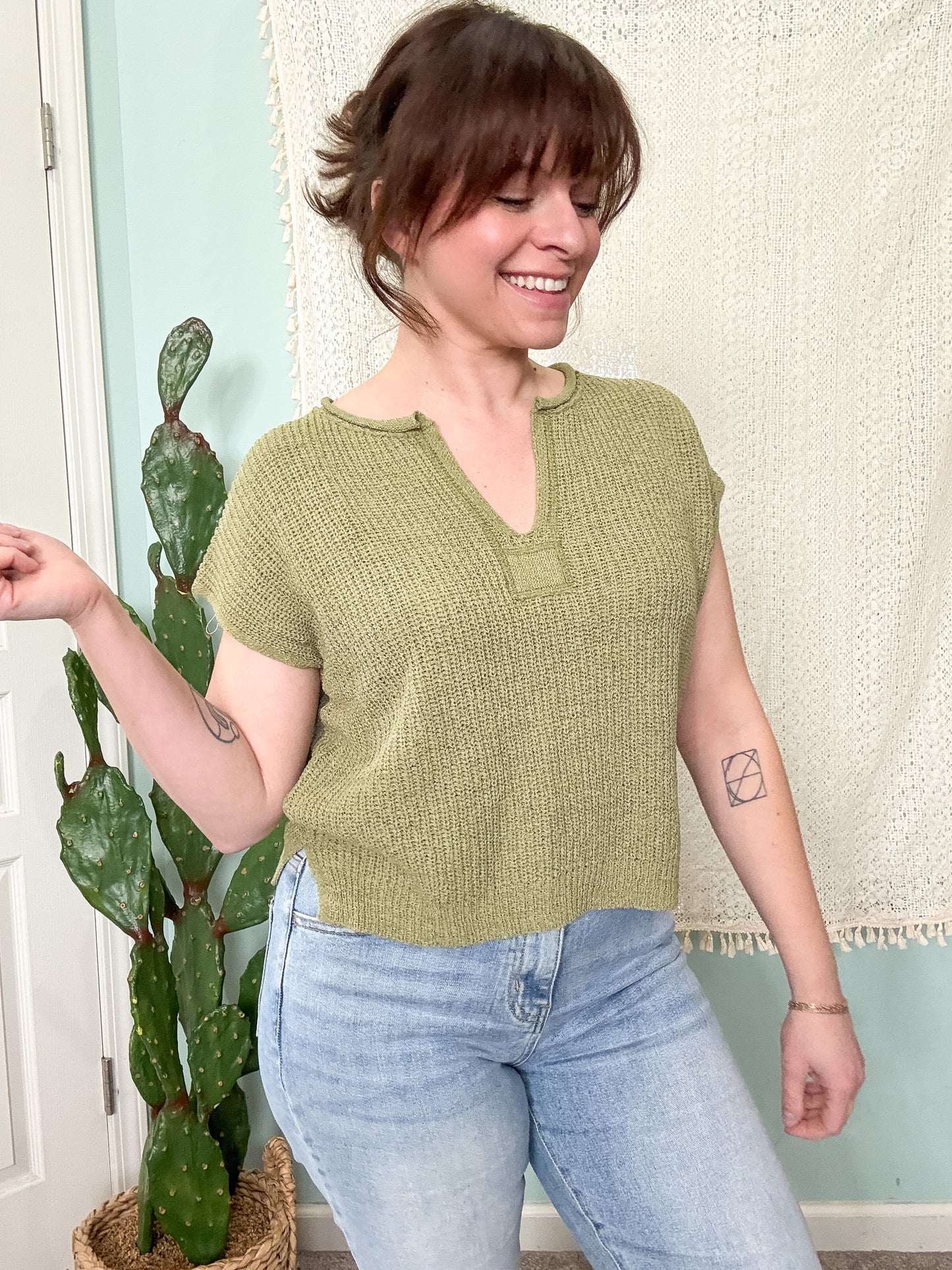 Green Goddess Olive Split Neck Short Sleeve Sweater