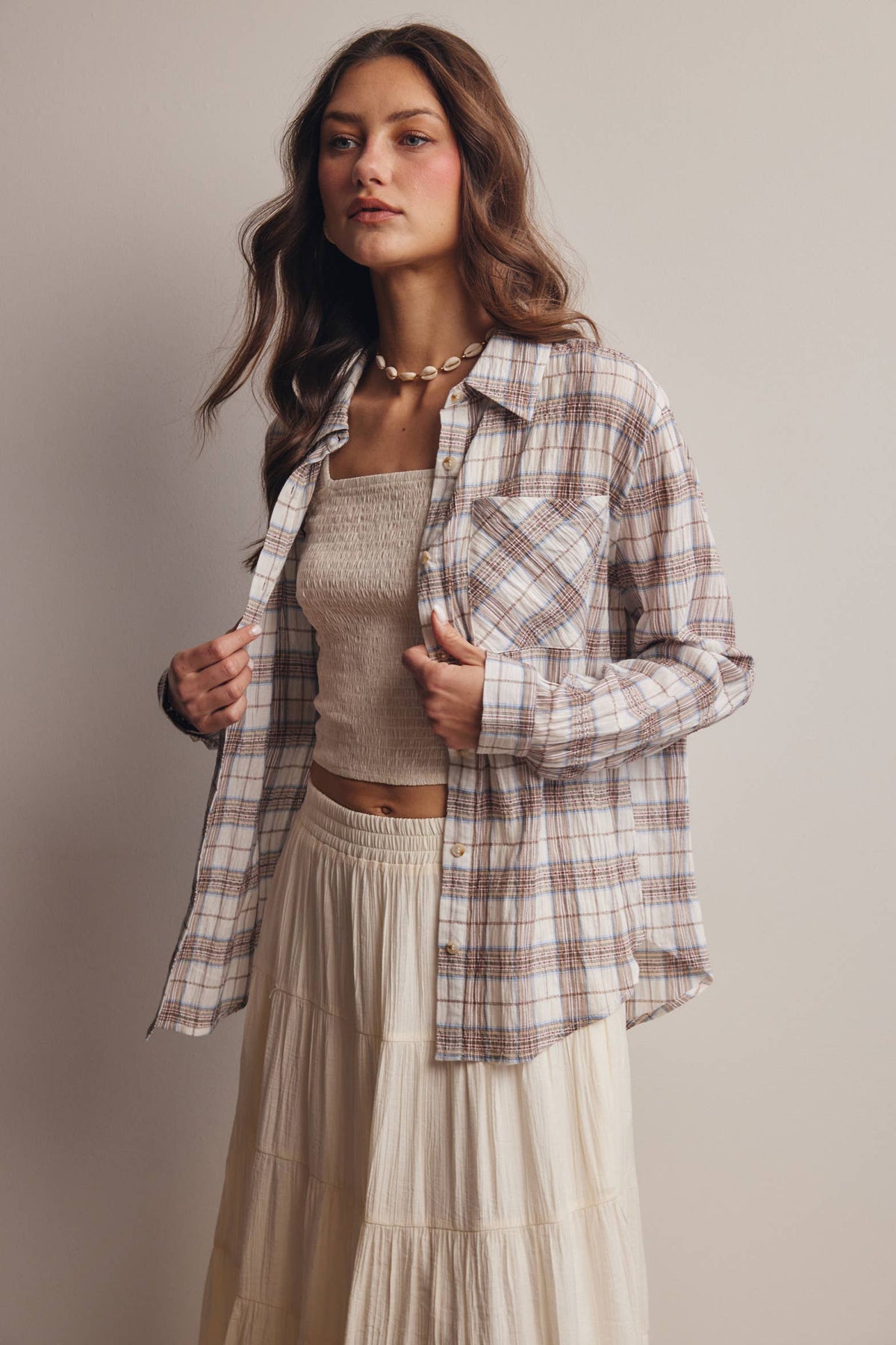 Toasted Marshmallow 100% Cotton Lightweight Plaid Button Up