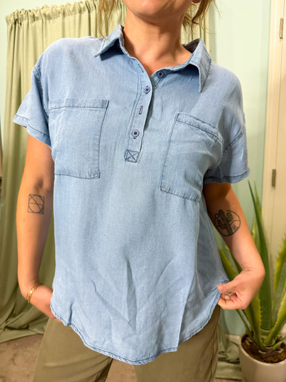 Chattanooga Tencel Denim Pocket Collar Top