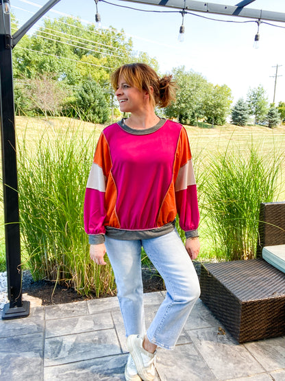 Setting Sun Color Block Reverse Season French Terry Long Sleeve Top