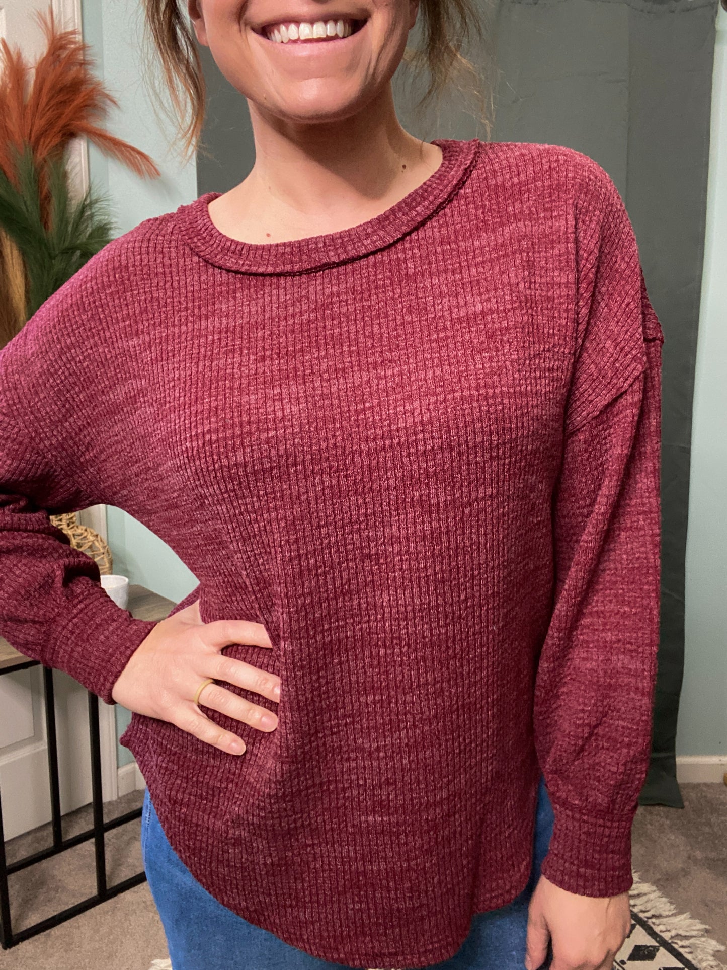 Camden Drop Shoulder Long Sleeve Knit Top in Merlot