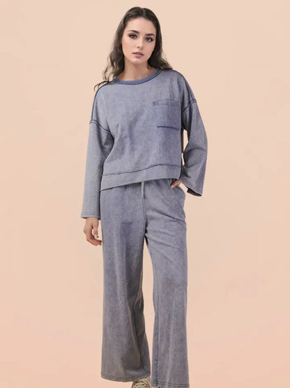 Cloud 9 Mineral Wash 100% Cotton Knit Top & Pants Lounge Set