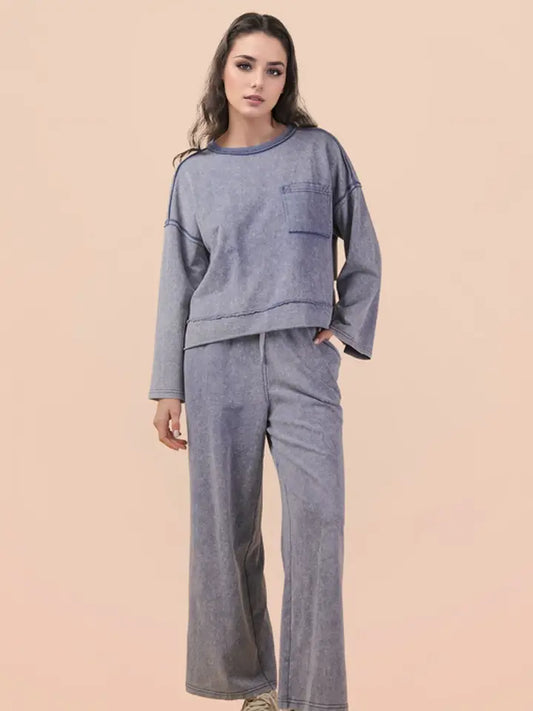 Cloud 9 Mineral Wash 100% Cotton Knit Top & Pants Lounge Set
