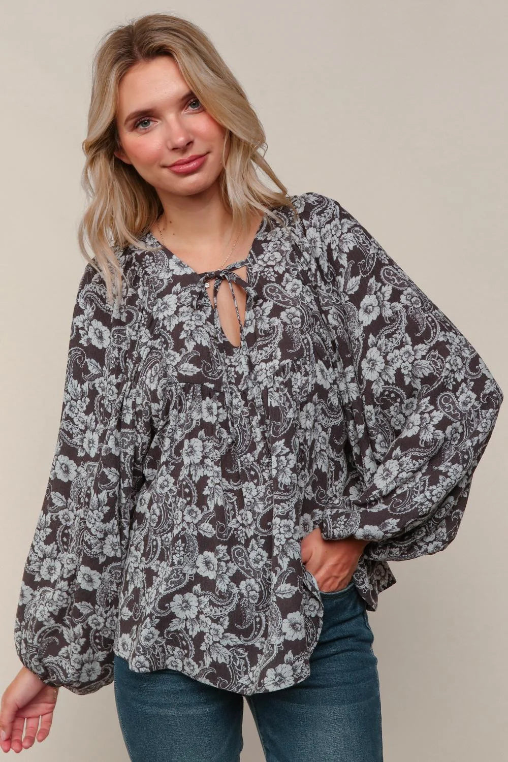 Night Flower V Neck Peasant Blouse with Front Tie