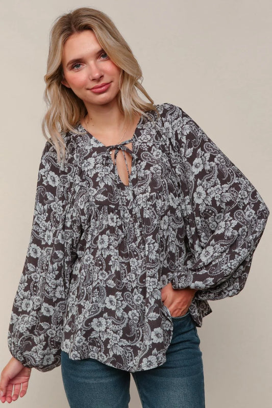 Night Flower V Neck Peasant Blouse with Front Tie