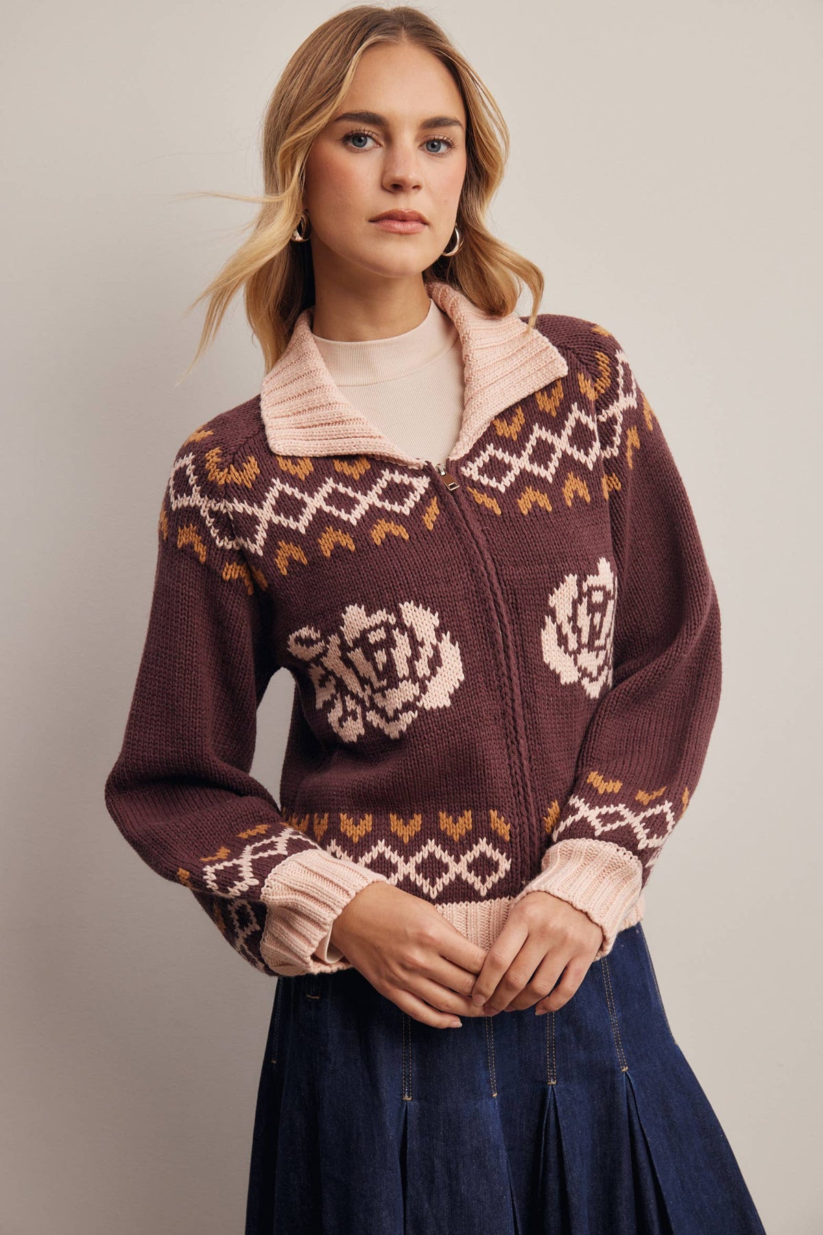Fraulein Cotton Blend Floral Fair Isle Zip Cardigan Sweater