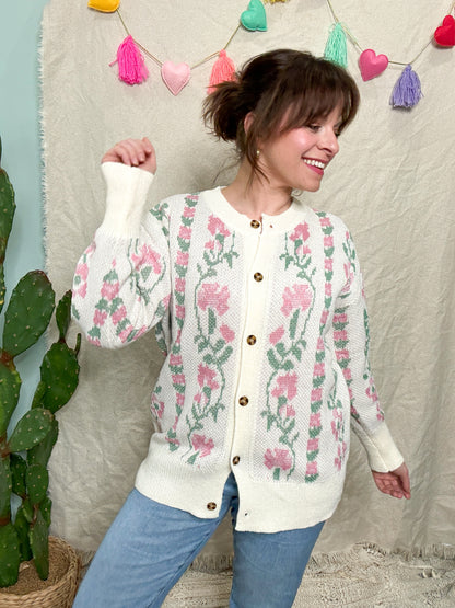 Emilie Floral & Vine Jacquard Knit Cardigan Sweater