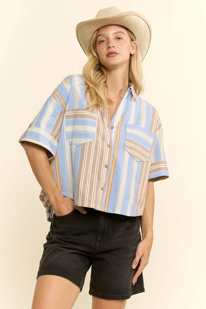 Jack 100% Cotton Embroidered Stripe Boxy Stripe Button up