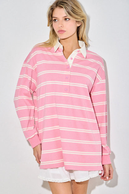 Preppy Pink Collared Oversized Rugby Shirt