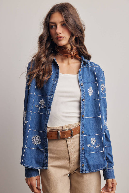 Wildflower 100% Cotton Stitched Denim Button Down