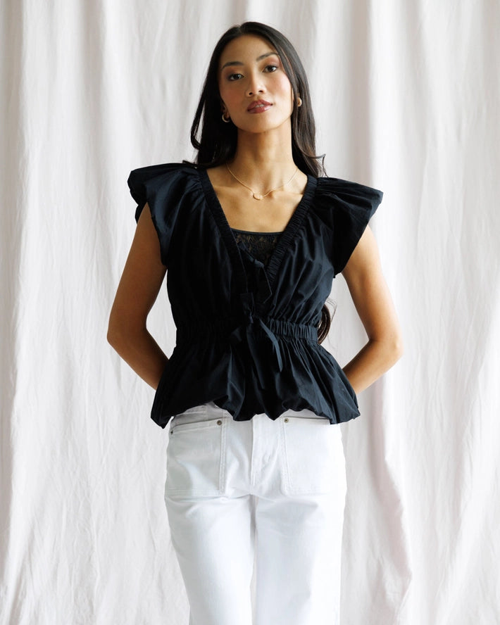 Noir 100% Cotton Cap Sleeve Peplum Tie Front Blouse