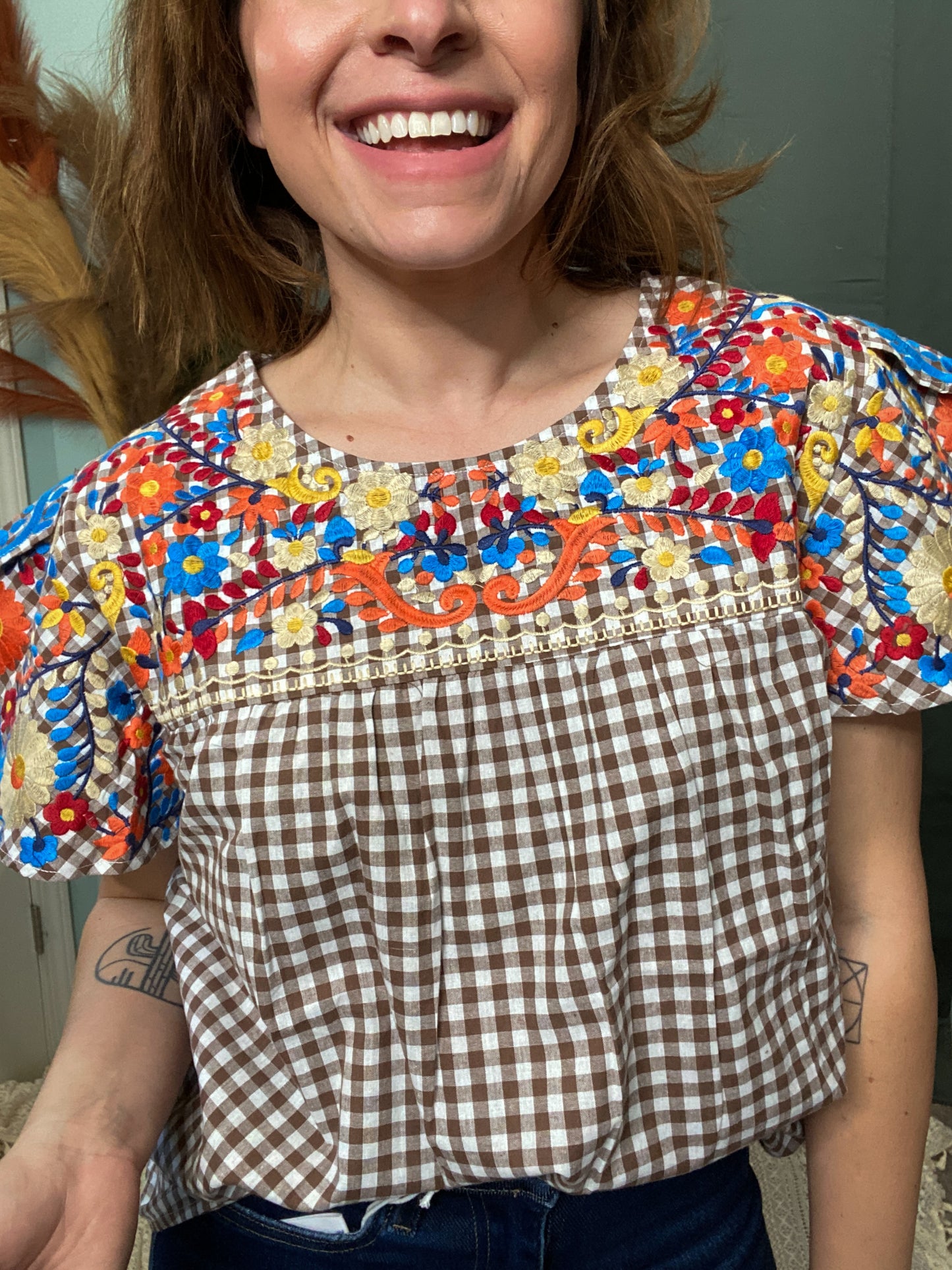 Cornucopia Embroidered Sleeve Gingham Boho Blouse