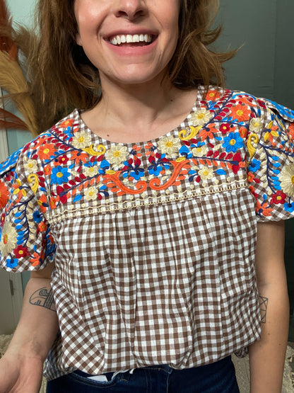 Cornucopia Embroidered Sleeve Gingham Boho Blouse