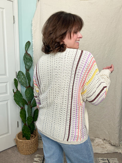 Laney Multi Color Crochet Open Front Knit Cardigan