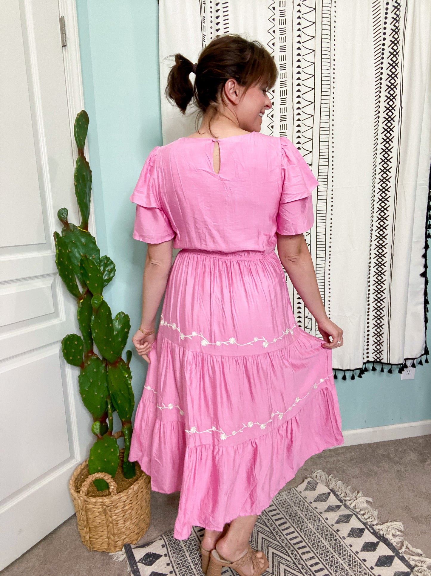 Summer Love Embroidered Ruffle Sleeve Pink Tiered Dress