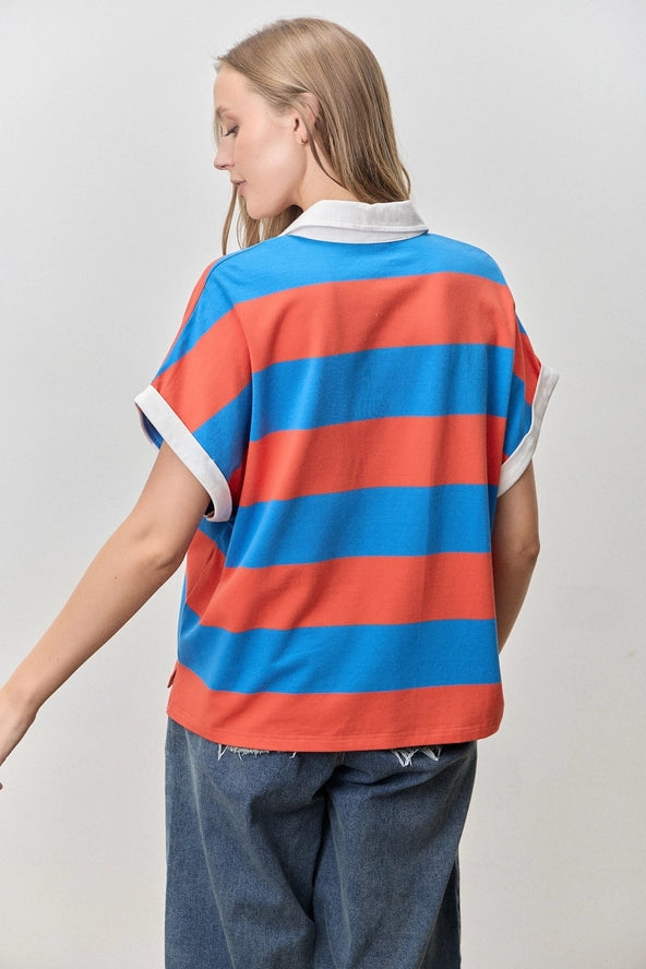 Varsity Blues Striped Cotton Blend Contrast Collared Shirt