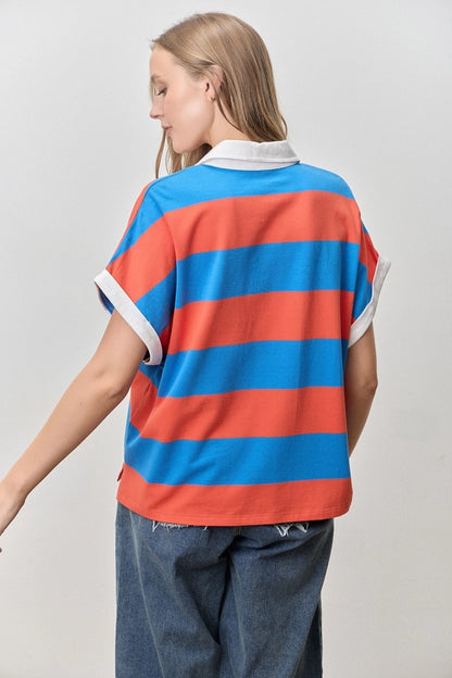 Varsity Blues Striped Cotton Blend Contrast Collared Shirt