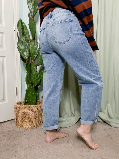 RISEN Denim Mid Rise Light Wash Barrel Jeans