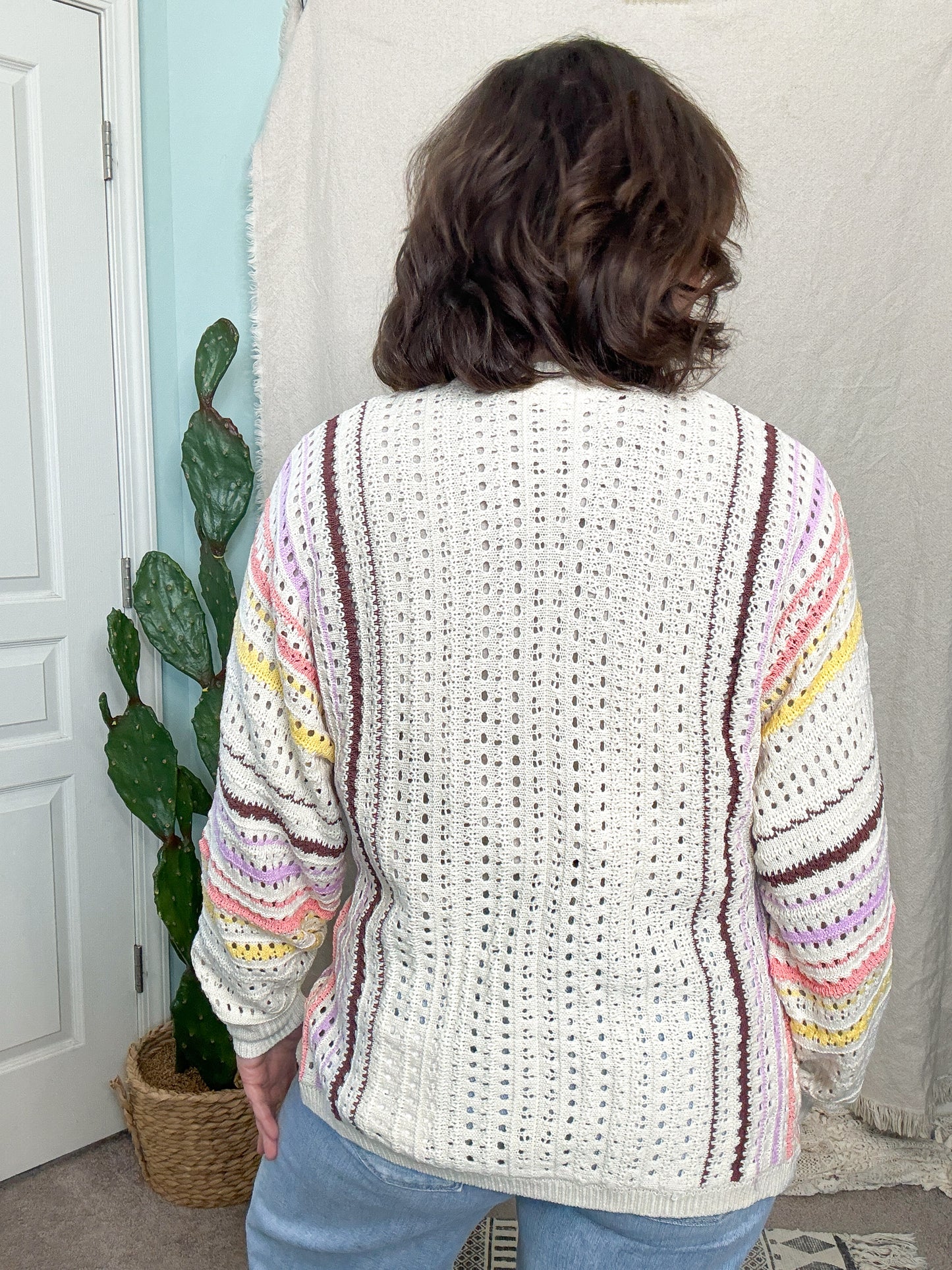 Laney Multi Color Crochet Open Front Knit Cardigan