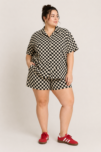 Final Lap 100% Cotton Checkerboard Camp Collar Button Up Shirt