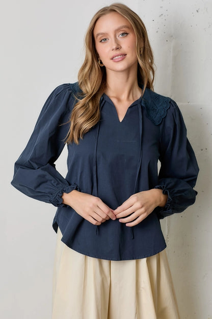 Silent Night Lace Collar Cotton Long Sleeve Blouse