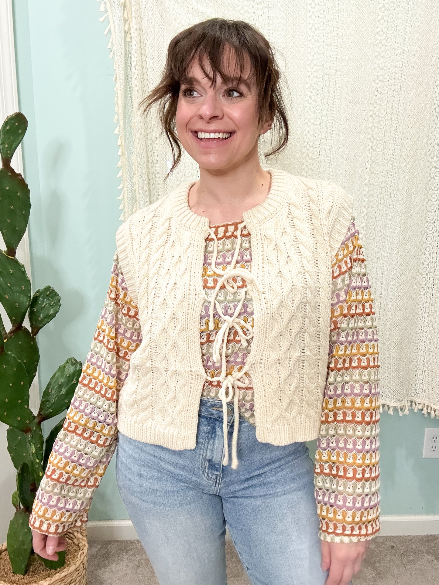 Devyn Tie Front Sweater Vest in Cream