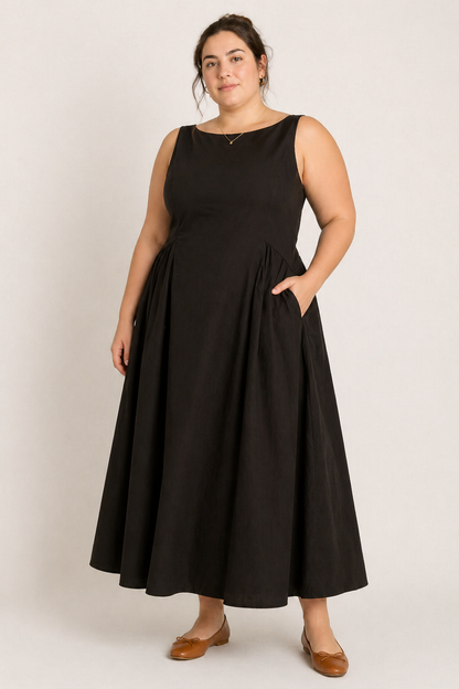 Back in Black Cotton A-Line Sleeveless Midi Dress