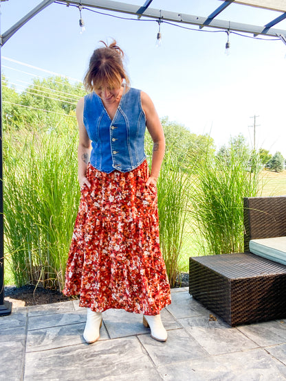 Mums the Word Rust Floral Tiered Midi Skirt