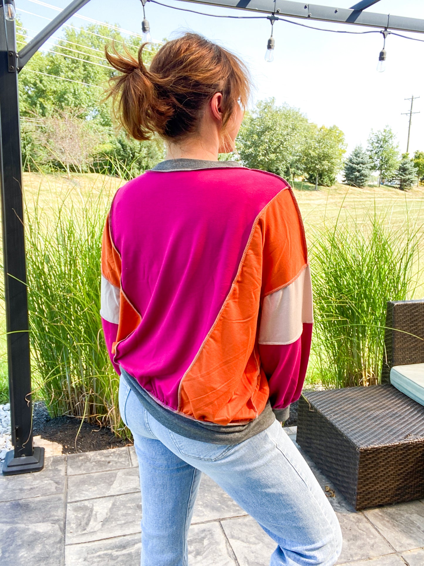 Setting Sun Color Block Reverse Season French Terry Long Sleeve Top