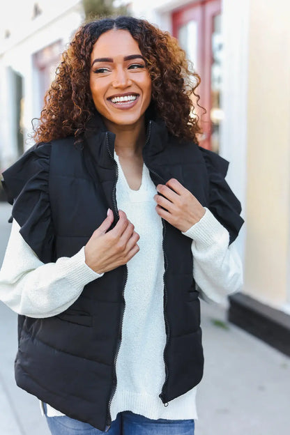 Vermont Black Zip Up Ruffled Sleeve Puff Vest