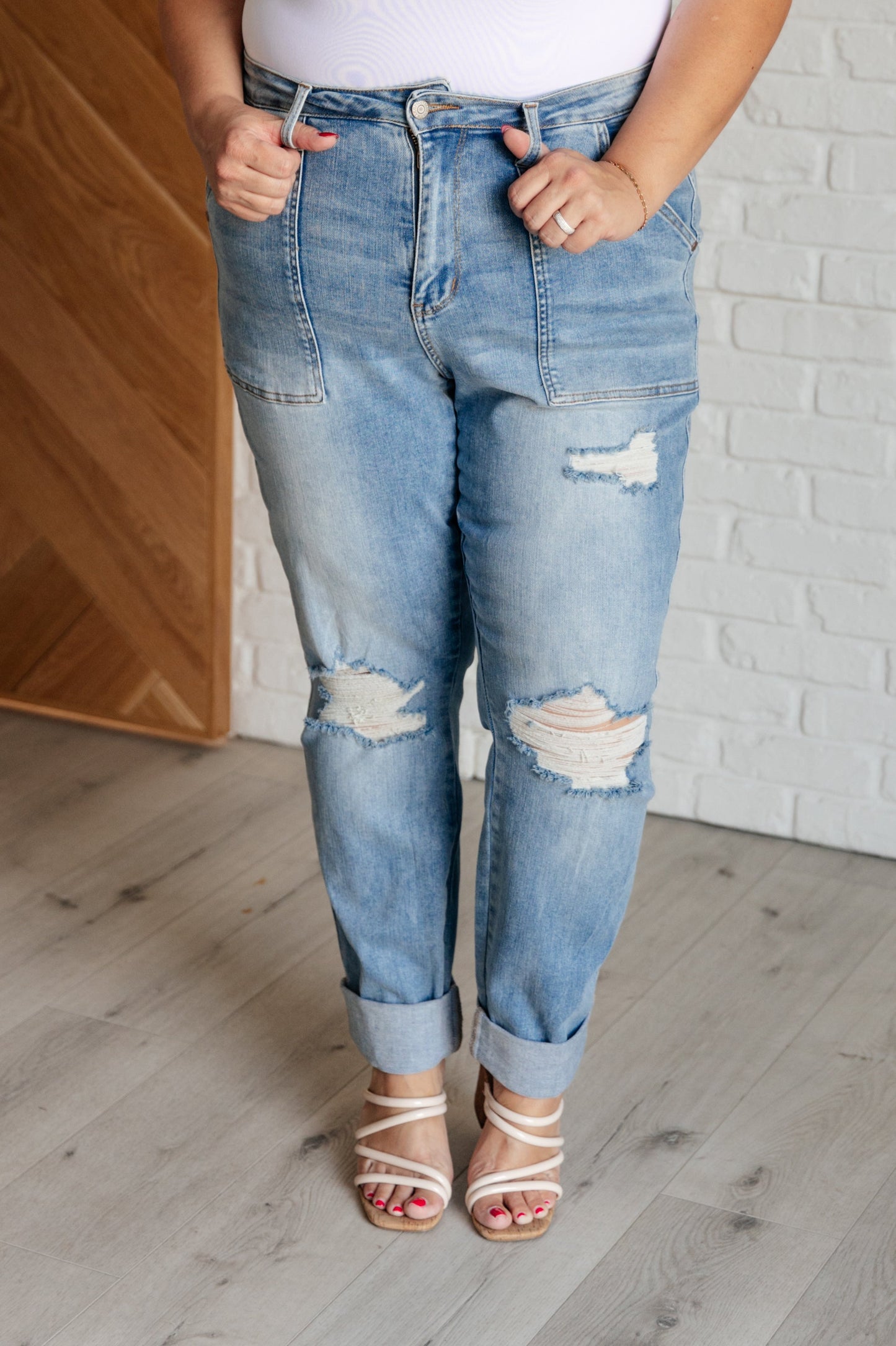 Judy Blue Aiden High Rise Patch Pocket Distressed Boyfriend Jeans