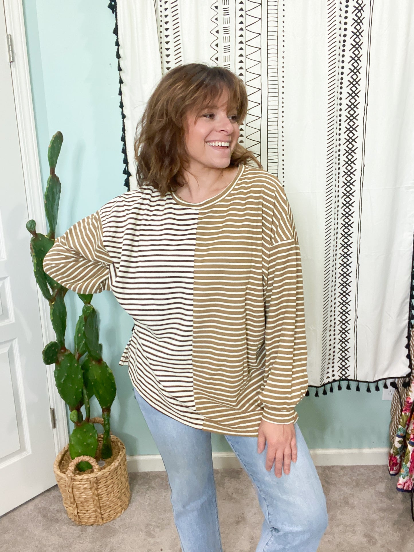 Espresso Martini Contrast Stripe Drop Shoulder Knit Top