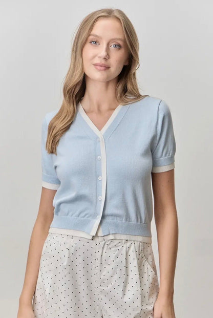 Clear Skies 2-Tone Cotton Blend Short Sleeve Cardigan