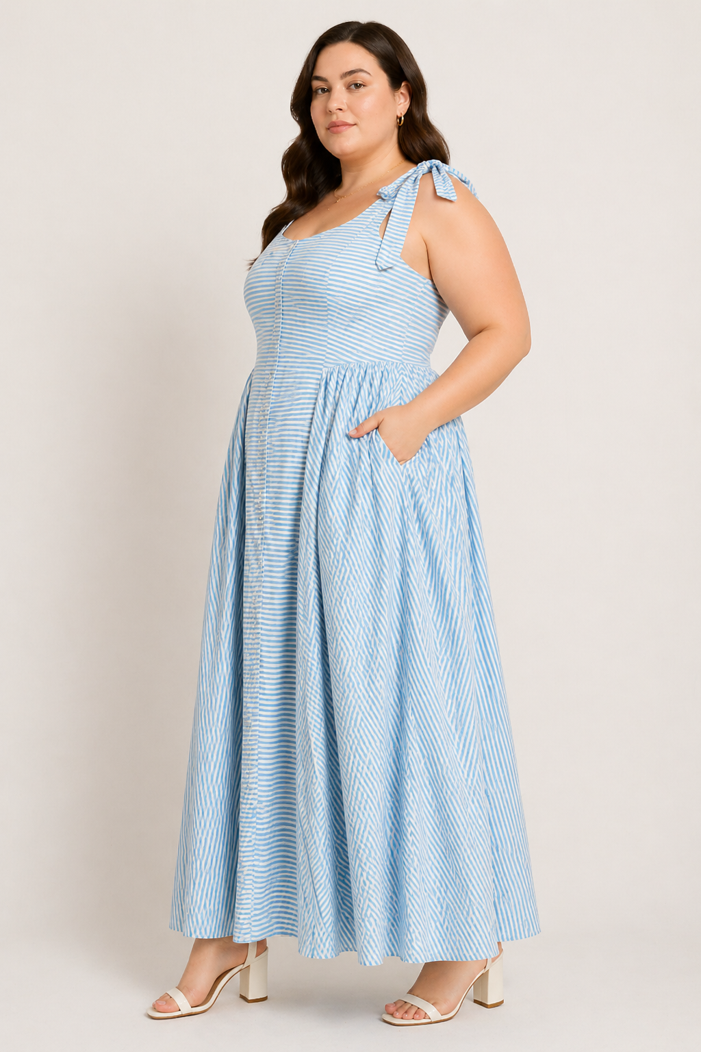 Mama Mia 100% Cotton Stripe Basque Waist Maxi Dress
