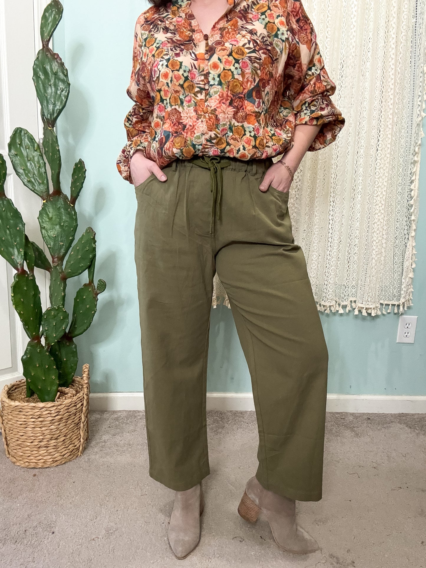 Ivy High Waist Cotton Cropped Pants with Drawstring Waistband