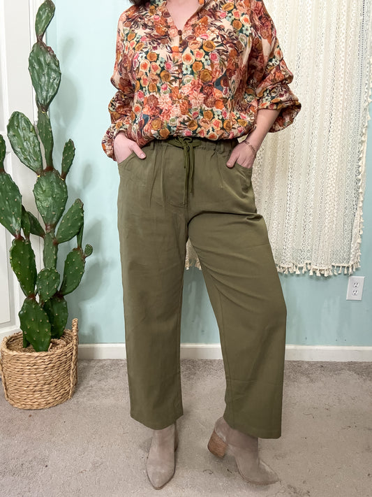 Ivy High Waist Cotton Cropped Pants with Drawstring Waistband