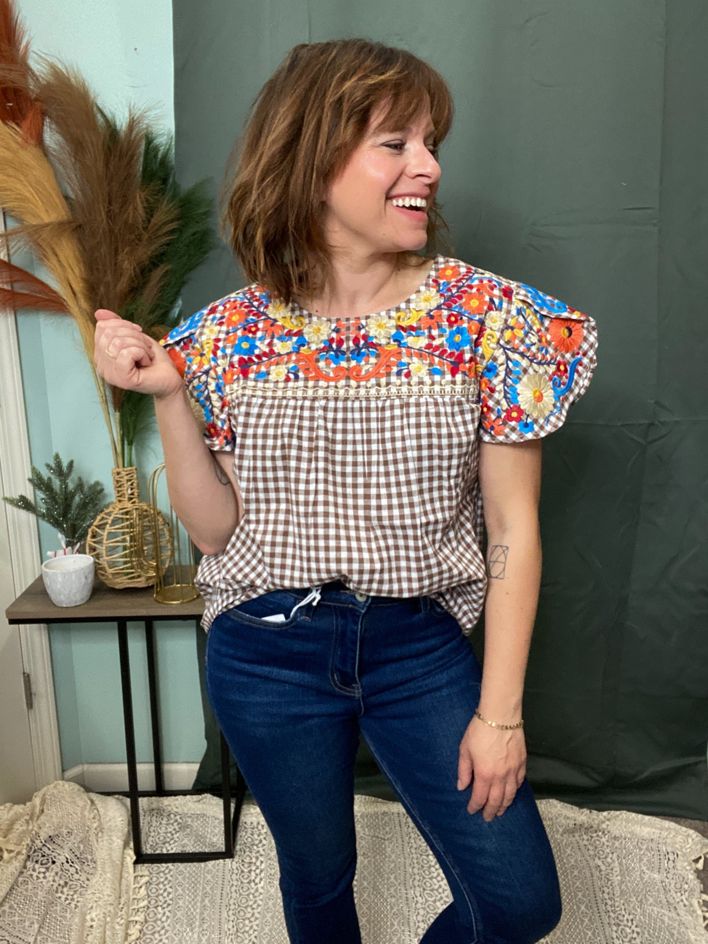 Cornucopia Embroidered Sleeve Gingham Boho Blouse