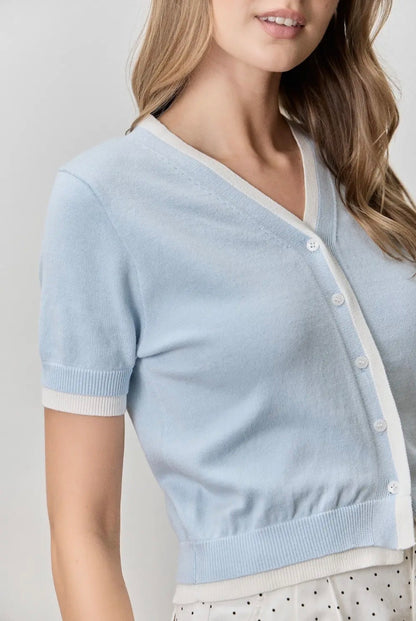 Clear Skies 2-Tone Cotton Blend Short Sleeve Cardigan