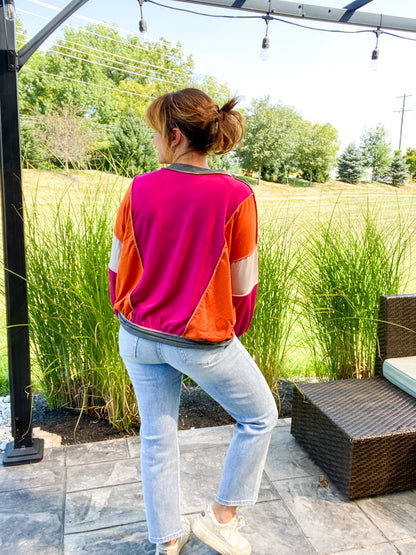 Setting Sun Color Block Reverse Season French Terry Long Sleeve Top