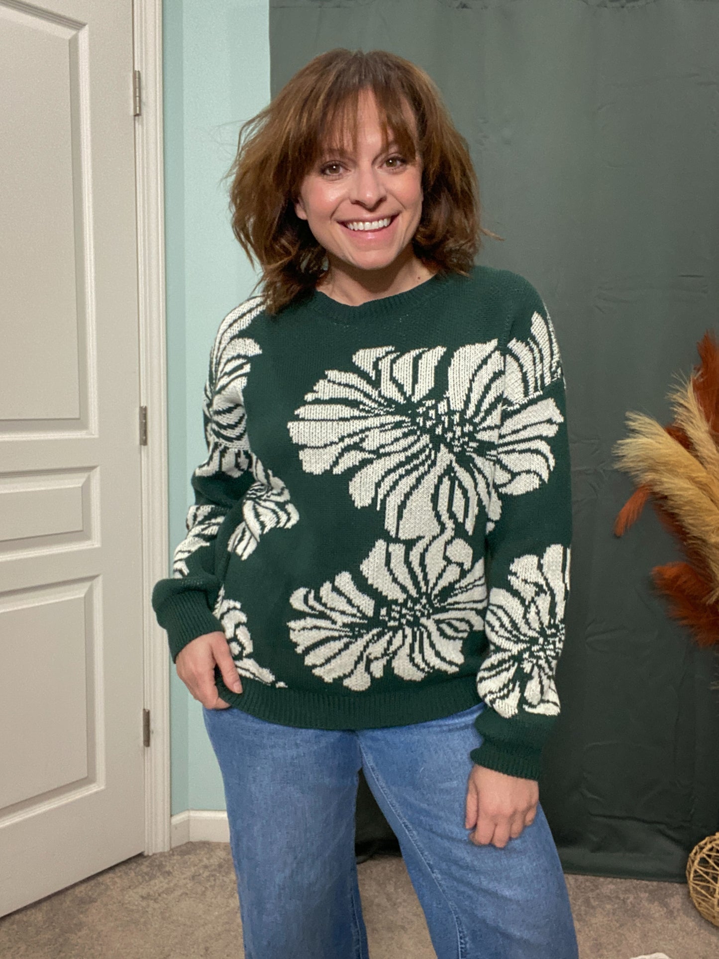 Merida Cotton Floral Knit Sweater in Hunter Green