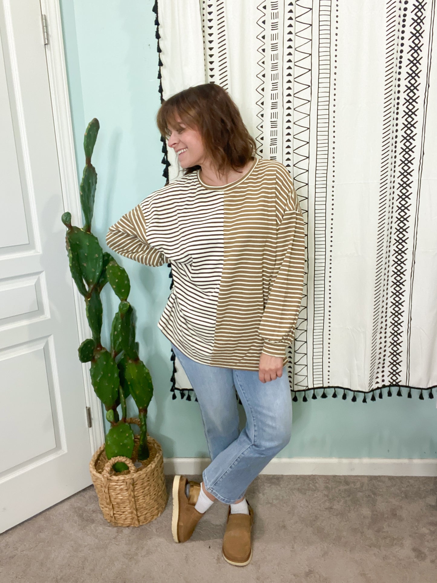 Espresso Martini Contrast Stripe Drop Shoulder Knit Top